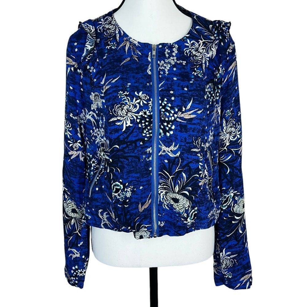 Jaase Boho Floral Cropped Bomber Moto Ruffel Jacket NWT Satin Feel Blue Size M. - Picture 1 of 11